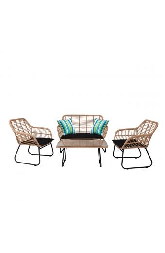 SALSA Set Σαλόνι Κήπου Μέταλλο Μαύρο, Wicker Φυσικό: Τραπέζι + Καναπέ 2Θέσιο + 2 Πολυθρόνες - 94x56x44-120x70x86-67x71x83cm