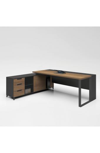 PROLINE Γραφείο Αναστρέψιμη Γωνία, 3 Συρτάρια, Ράφια, Απόχρωση Καρυδί Δρυς - Μαύρο - 160x70/160x40 (H.75/63)cm