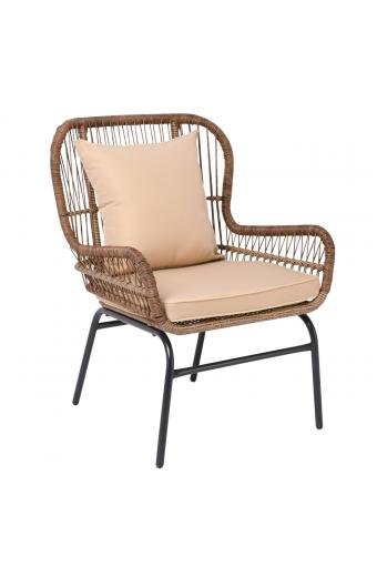 SALSA MAX Πολυθρόνα Μέταλλο Βαφή Μαύρο, Wicker Φυσικό, Μαξιλάρι Μπεζ - 64x69x89cm