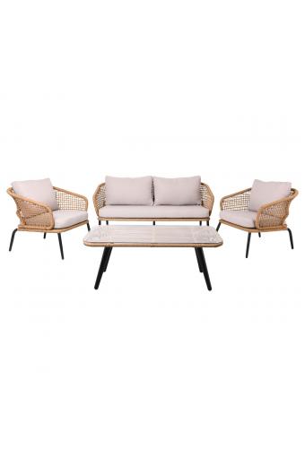 SALSA Plus Set Σαλόνι Κήπου ALU Μαύρο-Γυαλί-Wicker Φυσικό: Τραπέζι+2 Θέσιος+2 Πολυθρόνες - 110x55x44-149x74x71-71x71x71cm