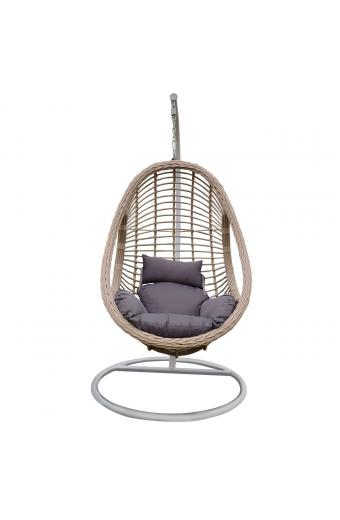 MACAN-II Κρεμαστή Πολυθρόνα, Wicker Grey-White, Μέταλλο Βαφή Άσπρο, Μαξιλάρι Γκρι - Φ105x196cm