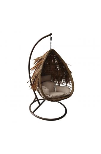 SALSA TROPIC Κρεμαστή Πολυθρόνα, Wicker Φυσικό, Μέταλλο Brown, Μαξιλάρι Μπεζ - Φ105x197cm