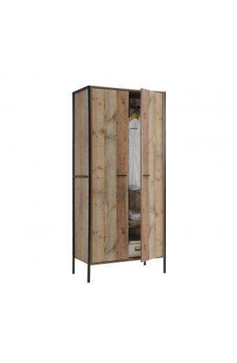 PALLET-W Ντουλάπα Δίφυλλη, 2 Ράφια, Κρεμάστρα, Μέταλλο Βαφή Μαύρο, Απόχρωση Antique Oak - 84x52x180cm