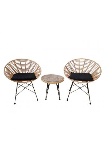 SALSA Coral Coffee Set Κήπου Μέταλλο Μαύρο - Γυαλί - Wicker Φυσικό: Τραπεζάκι+2 Πολυθρόνες - TableΦ50x44 Armchair72x62x81cm