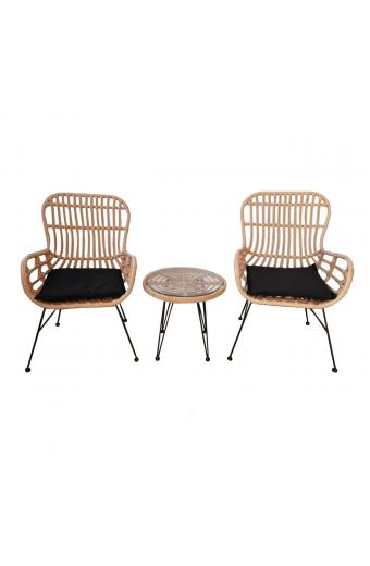 SALSA Duo Set Καθιστικό Κήπου Μέταλλο Μαύρο - Γυαλί - Wicker Φυσικό: Τραπεζάκι+2 Πολυθρόνες - TableΦ50x44 Armchair58x62x95cm