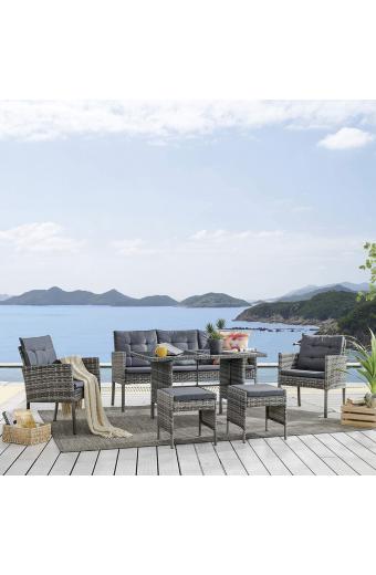 JOCKEY Set Dining Καθιστικό: Τραπέζι+3Θέσιος+2 Πολυθρόνες+ 2 Σκαμπό, Μέταλλο, Wicker Γκρι - Table:120x66x66cm Set 7 Seats