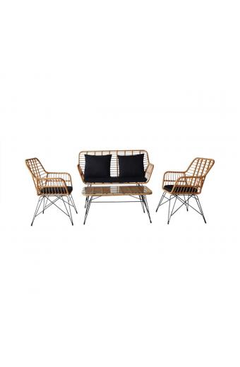 SALSA MAX Living Set Κήπου 4 τεμαχίων, Μέταλλο Βαφή Μαύρο, Wicker Φυσικό, Μαξιλάρια Μαύρο - 106x55x45-147x70x105-65x67x96