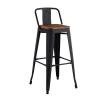 RELIX Wood Σκαμπό Bar με Πλάτη,Μέταλλο Βαφή Μαύρο Extra Matte, Απόχρωση Ξύλου Dark Oak - 44x44x76/97cm