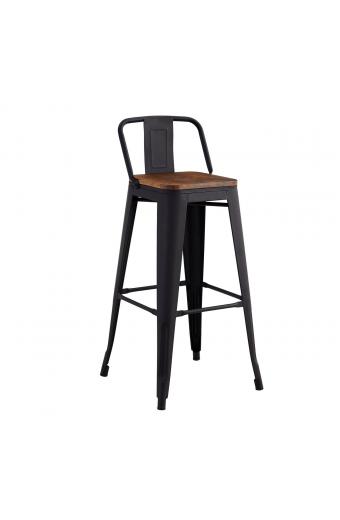 RELIX Wood Σκαμπό Bar με Πλάτη,Μέταλλο Βαφή Μαύρο Extra Matte, Απόχρωση Ξύλου Dark Oak - 44x44x76/97cm