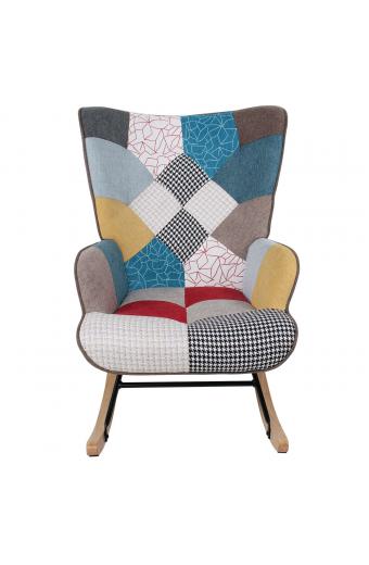ALMA Rocking Πολυθρόνα Μπερζέρα Καθιστικού, Ύφασμα Patchwork, Βάση Μαύρο-Φυσικό - 67x86x92cm