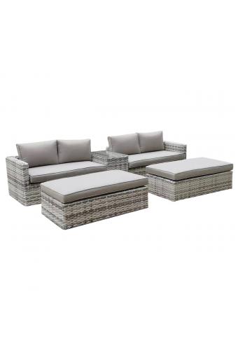 ASCOT Set Wicker Alu, Καναπές 4Θέσιος+2 σκαμπό+Τραπεζάκι, Wicker Grey White,  Μαξιλ.Μπεζ - Table:75x43x52cm Set 6 Seats