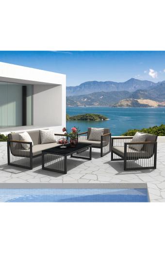 CORDOBA Set Καθιστικό ALU Ανθρακί: Καναπές+2 Πολυθρόνες+ Τραπεζάκι, Μαξιλάρια Μπεζ - 147x78x70-80x78x70-120x60x40cm