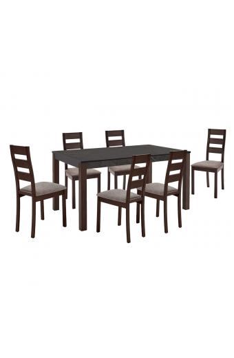 SIENNA Set (1+6) Τραπεζαρίας - Κουζίνας, Σκούρο Καρυδί, Melamine Greystone,Ύφασμα Μπεζ - Table:150x90x74 Chair:45x52x97