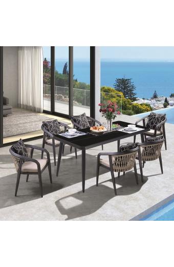 JARDIN Τραπεζαρία ALU Ανθρακί, HPL Μαύρο, Rope Μπεζ: Τραπέζι + 6 Πολυθρόνες με Μαξιλάρια - Table:180x90x75 Chair:63x62x77