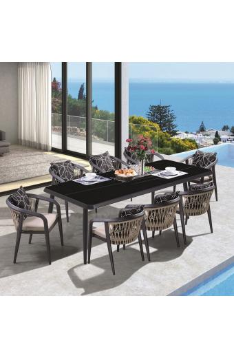 JARDIN Τραπεζαρία ALU Ανθρακί, HPL Μαύρο, Rope Μπεζ: Τραπέζι + 8 Πολυθρόνες με Μαξιλάρια - Table:220x100x75 Chair63x62x77
