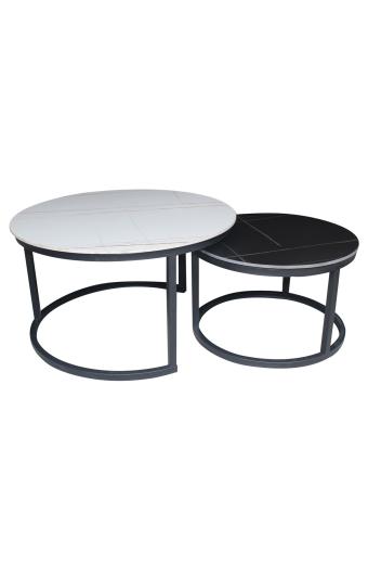 TERRY Set2 Τραπεζάκια Σαλονιού , Μέταλλο Βαφή Μαύρο, Sintered Stone White-Black Marble - Φ.80 H.48cm + Φ.60 H.40cm