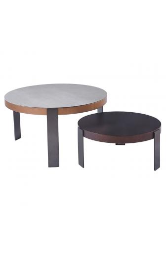 TRENDY Set-2 Τραπεζάκια Σαλονιού, Μέταλλο Ανθρακί, Sintered Stone Καρυδί-Cement - Φ60 H.28cm + Φ80 H.43cm