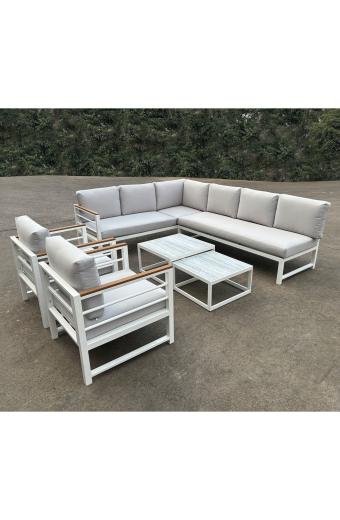 MARILIAN Set Σαλόνι Κήπου, Πολυμορφικό 6τεμ, Μέταλλο Βαφή Άσπρο, Μαξιλάρια Γκρι - 2 Πολυθρ+2 Καναπ+2 Τραπεζάκια
