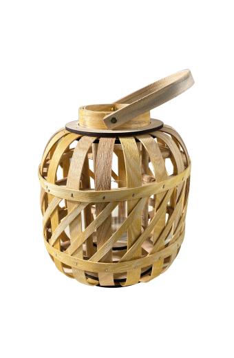 LANTERN ROUND Φανάρι Κήπου- Βεράντας Ξύλινο, Απόχρωση Φυσικό, με Γυάλινο ποτήρι - Φ24x27cm