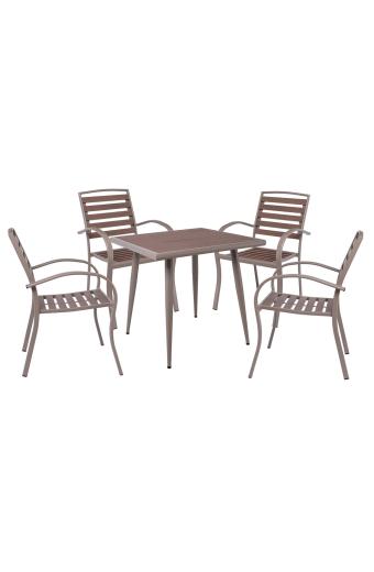 SERRANO Set Κήπου: Τραπέζι + 4 Πολυθρόνες, Μέταλλο Βαφή Sand Beige, Polywood Καρυδί - Table:80x80x74 Chair:56x64x88