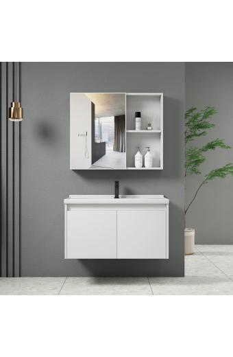 IDEA-1 Set Έπιπλο Κρεμαστό Μπάνιου Άσπρο, Καθρέπτης + Πάγκος με Νιπτήρα και Μπαταρία - Up:55x11x60cm Down:60x47x45cm