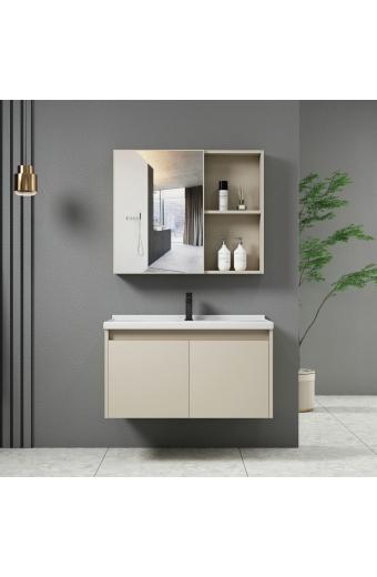 IDEA-1 Set Έπιπλο Κρεμαστό Μπάνιου Cream, Καθρέπτης + Πάγκος με Νιπτήρα και Μπαταρία - Up:55x11x60cm Down:60x47x45cm