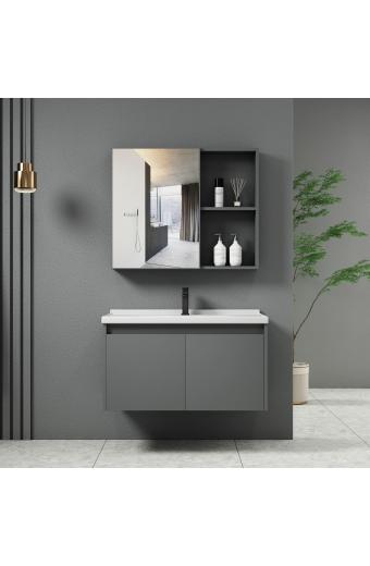 IDEA-1 Set Έπιπλο Κρεμαστό Μπάνιου Γκρι, Καθρέπτης + Πάγκος με Νιπτήρα και Μπαταρία - Up:55x11x60cm Down:60x47x45cm