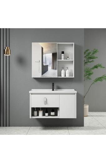 IDEA-2 Set Έπιπλο Κρεμαστό Μπάνιου Άσπρο, Καθρέπτης + Πάγκος με Νιπτήρα και Μπαταρία - Up:55x11x60cm Down:60x47x45cm