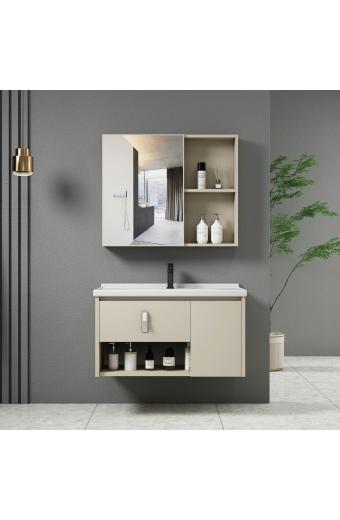 IDEA-2 Set Έπιπλο Κρεμαστό Μπάνιου Cream, Καθρέπτης + Πάγκος με Νιπτήρα και Μπαταρία - Up:55x11x60cm Down:60x47x45cm