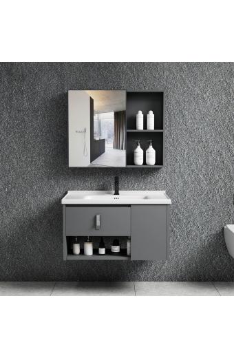 IDEA-2 Set Έπιπλο Κρεμαστό Μπάνιου Γκρι, Καθρέπτης + Πάγκος με Νιπτήρα και Μπαταρία - Up:55x11x60cm Down:60x47x45cm
