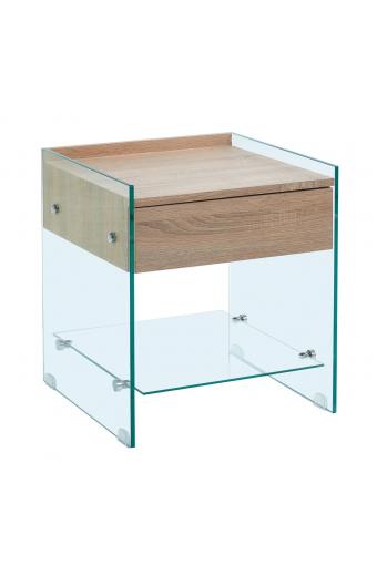 GLASSER Wood Κομοδίνο Διάφανο Γυαλί 10mm - με Συρτάρι Απόχρωση Δρυς - 45x45x50cm