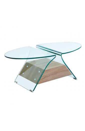 GLASSER Wood Τραπεζάκι Σαλονιού Oval, Διάφανο Γυαλί 12mm, Ράφι Απόχρωση Δρυς - 100x54x39cm