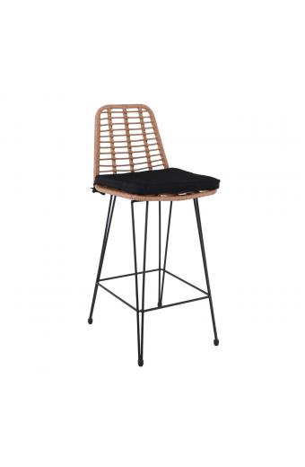 SALSA Σκαμπό BAR-Pro με Πλάτη, Μέταλλο Βαφή Μαύρο - Wicker Φυσικό, με Μαξιλάρι Μαύρο - 45x55x75/113cm