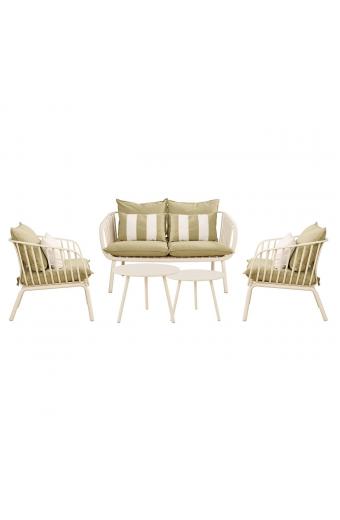 ASTRID Set Σαλόνι Κήπου 5τεμ, PP & Μέταλλο Cream, Μαξιλάρια Sandy Green - 2 Πολυθρ+1 Καναπ+2 Τραπεζάκια