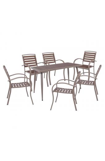 SERRANO Set Κήπου: Τραπέζι + 6 Πολυθρόνες, Μέταλλο Βαφή Sand Beige, Polywood Καρυδί - Table:150x80x75 Chair:56x64x88