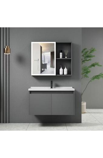 IDEA-1 Set Έπιπλο Κρεμαστό Μπάνιου Γκρι, Καθρέπτης LED + Πάγκος με Νιπτήρα και Μπαταρία - Up:55x11x60cm Down:60x47x45cm