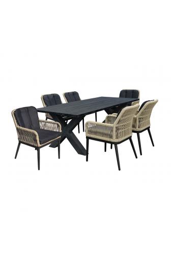 ALLEY Set Τραπεζαρία ALU Ανθρακί-Rope Φυσικό: Τραπέζι 180x94 + 6 Πολυθρόνες με Μαξιλ - Table:180x94x72 Chair:62x64x85