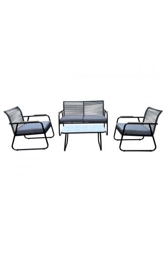 ROCCO Set Σαλόνι Κήπου 4τεμ, Μέταλλο Μαύρο,RopeWicker Γκρι, Μαξιλ.Σκούρο Γκρι, Γυαλί Μαύρο - 2 Πολυθρ+1 Καναπ+1 Τραπεζάκι