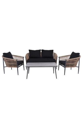 GASBA Set Σαλόνι Κήπου 4τεμ, Alu Ανθρακί, Rope Wicker Φυσικό, Μαξιλάρια Σκούρο Γκρι - 2 Πολυθρ+1 Καναπ+1 Τραπεζάκι