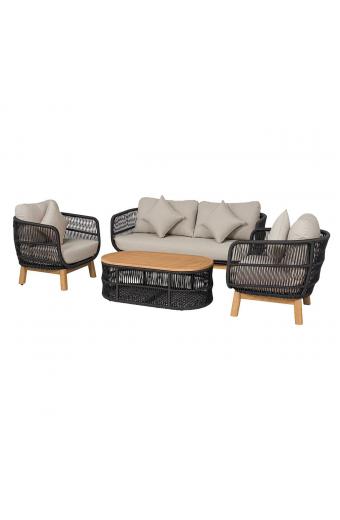 MARK Set Σαλόνι Κήπου 4 τεμαχίων Acacia Φυσικό, Rope Wicker Μαύρο, Μαξιλάρια Μπεζ - 2 Πολυθρόνες+Καναπές+Τραπεζάκι