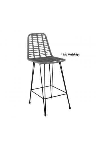 SALSA Σκαμπό BAR-Pro με Πλάτη, Μέταλλο Βαφή Μαύρο - Wicker Γκρι, με Μαξιλάρι Μαύρο - 45x55x75/113cm