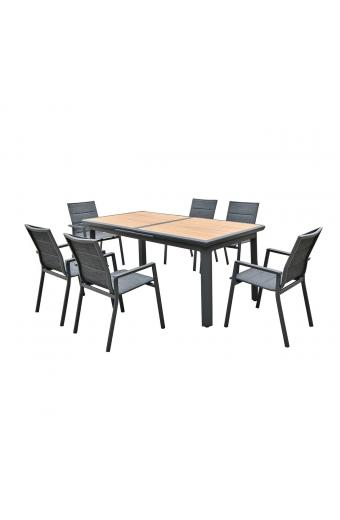 NAPOLI Set Dining ALU Κήπου: 6 Πολυθρόνες + Τραπέζι Επεκτ/νο Μαύρο-Καρυδί-Textilene Ανθρακί - Tab:186+60x95x77Chair:59x62x90